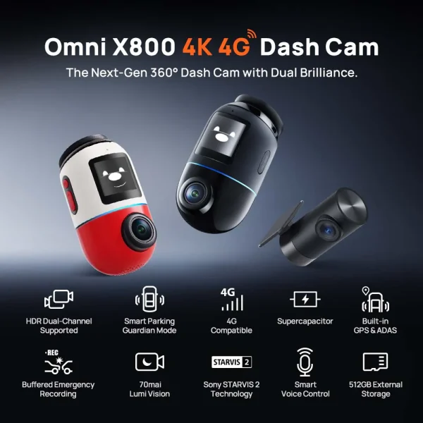 70mai Dash Camera X800 4K Omni 360° Rotating AI motion detection Front & Back Camera With 128GB Memory Card